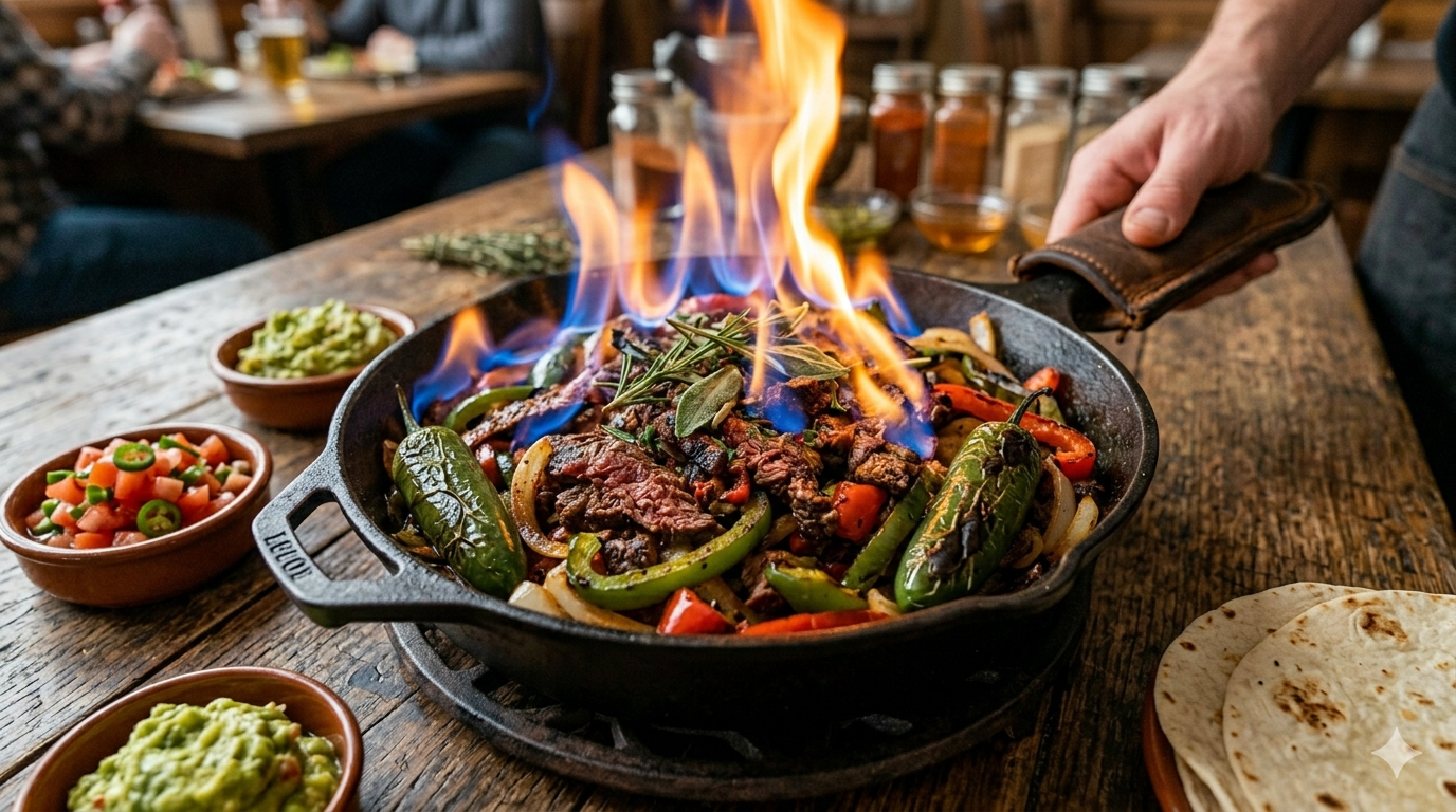 Sizzling fajitas in a cast-iron skillet with peppers and onions