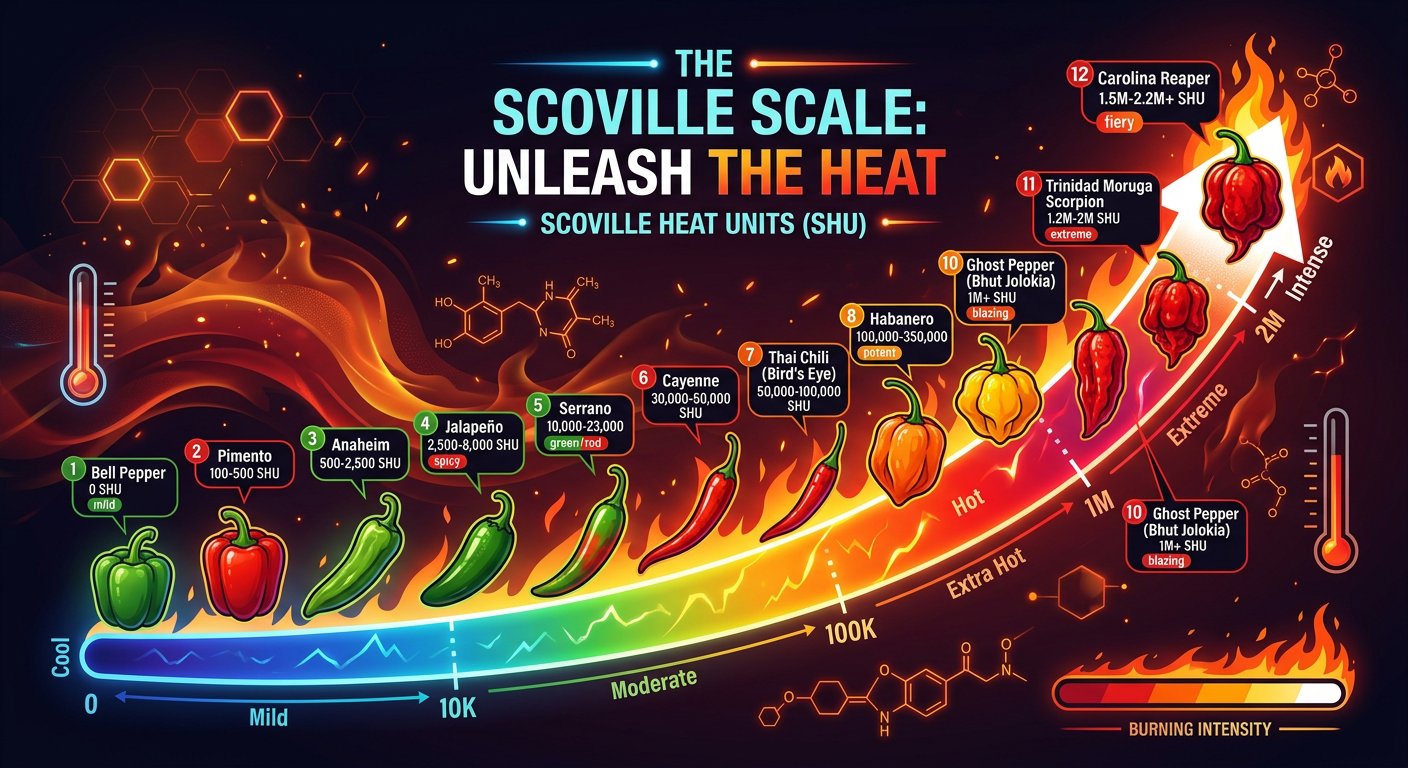The Scoville Scale infographic — a heat curve showing all major chili peppers from Bell Pepper at 0 SHU to Carolina Reaper at over 2 million SHU, with illustrations of each pepper and a burning-intensity gradient from cool blue to intense red